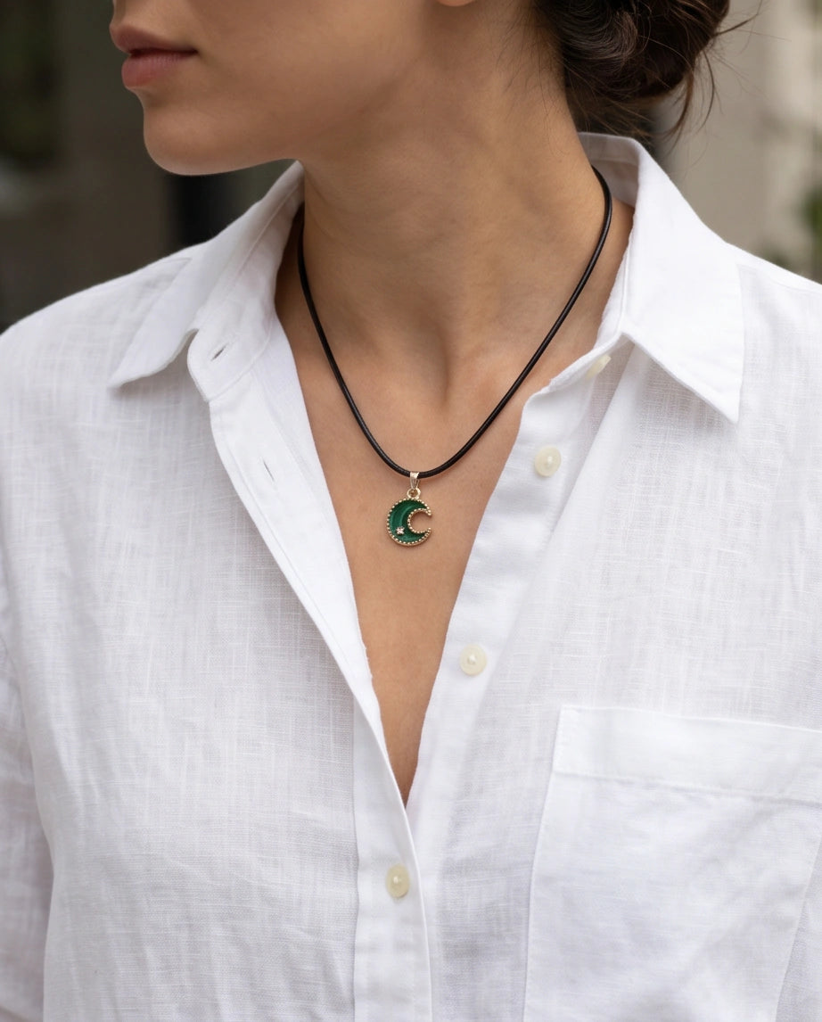 Gold and Green Crescent Moon and Star Necklace