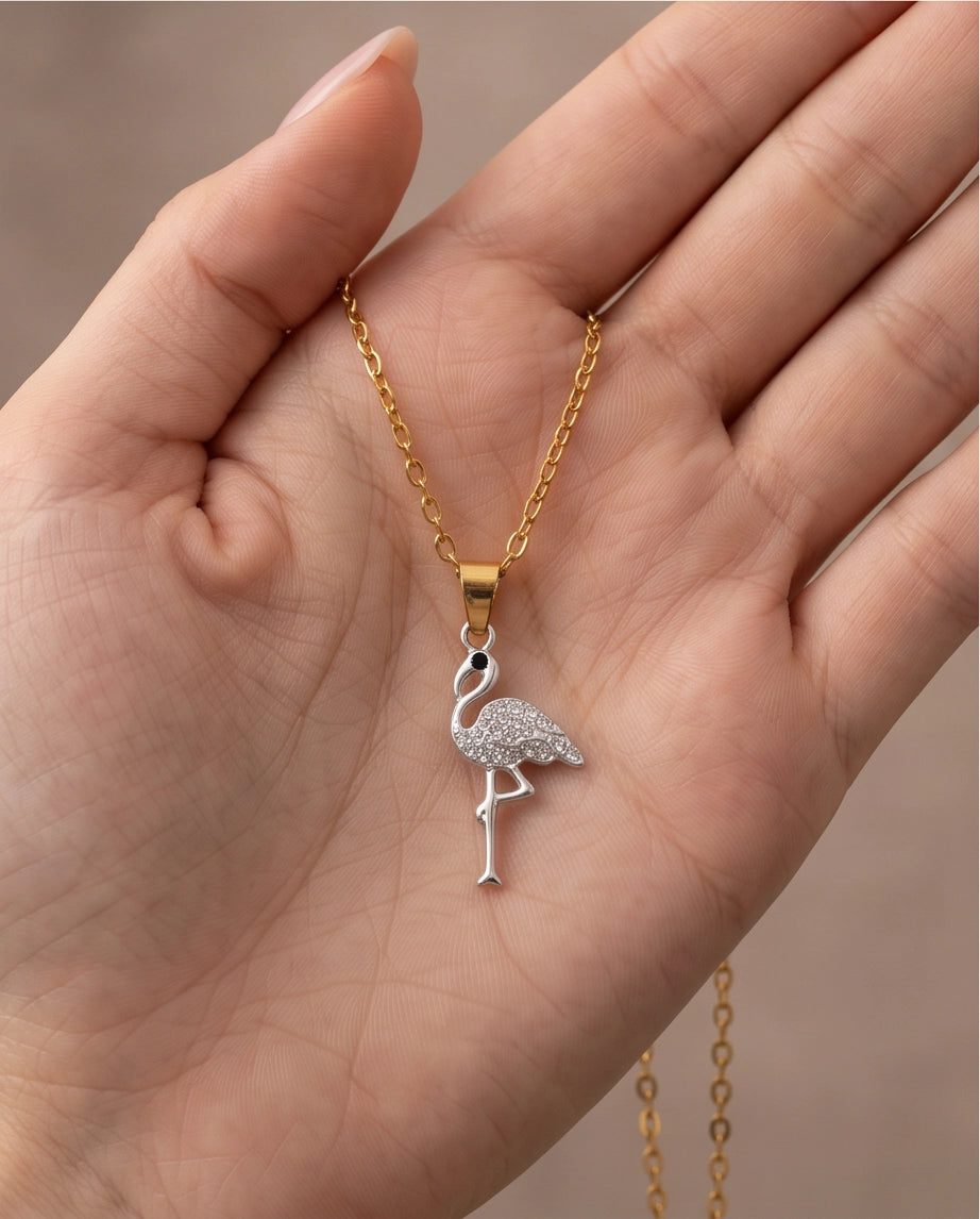 Silver Crystal Paved Flamingo Pendant Necklace