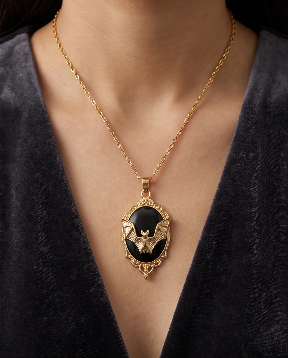 Gold Gothic Bat Black Enamel Medallion Chain Necklace