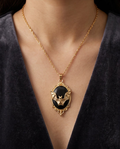 Gold Gothic Bat Black Enamel Medallion Chain Necklace