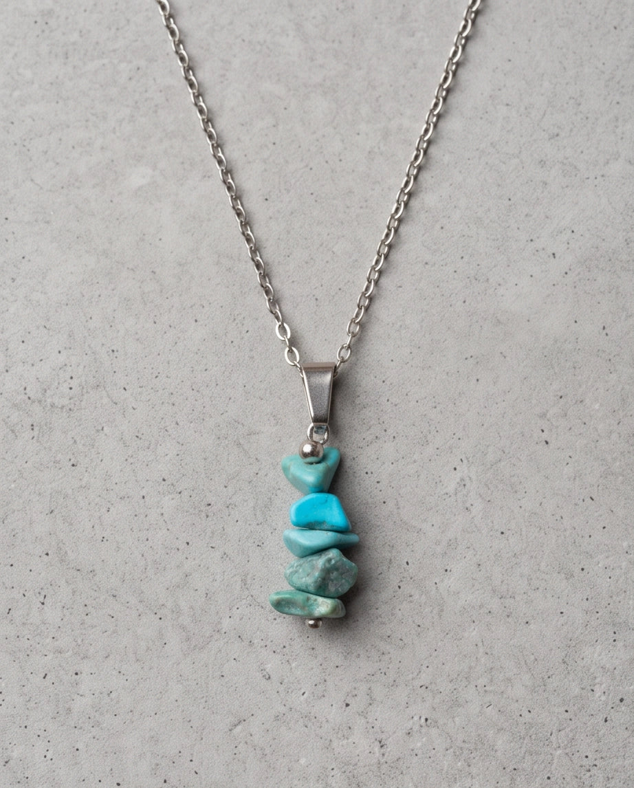 Silver Stacked Raw Turquoise Chip Stone Pendant Necklace