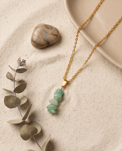 Silver Stacked Raw Green Aventurine Chip Stone Pendant Necklace