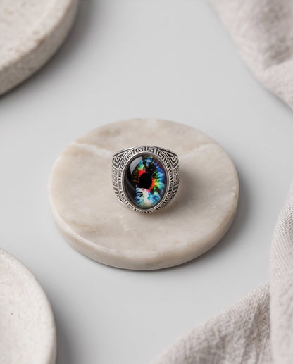 Cosmic Multi-Color Tie-Dye Cabochon Greek Key Silver Ring