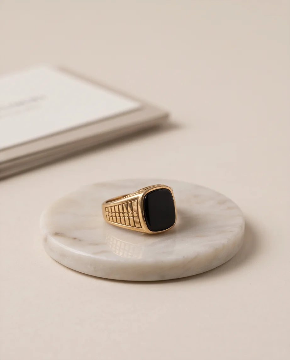 Onyx-Style Cushion Cabochon Geometric Block Gold Ring