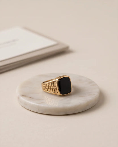 Onyx-Style Cushion Cabochon Geometric Block Gold Ring