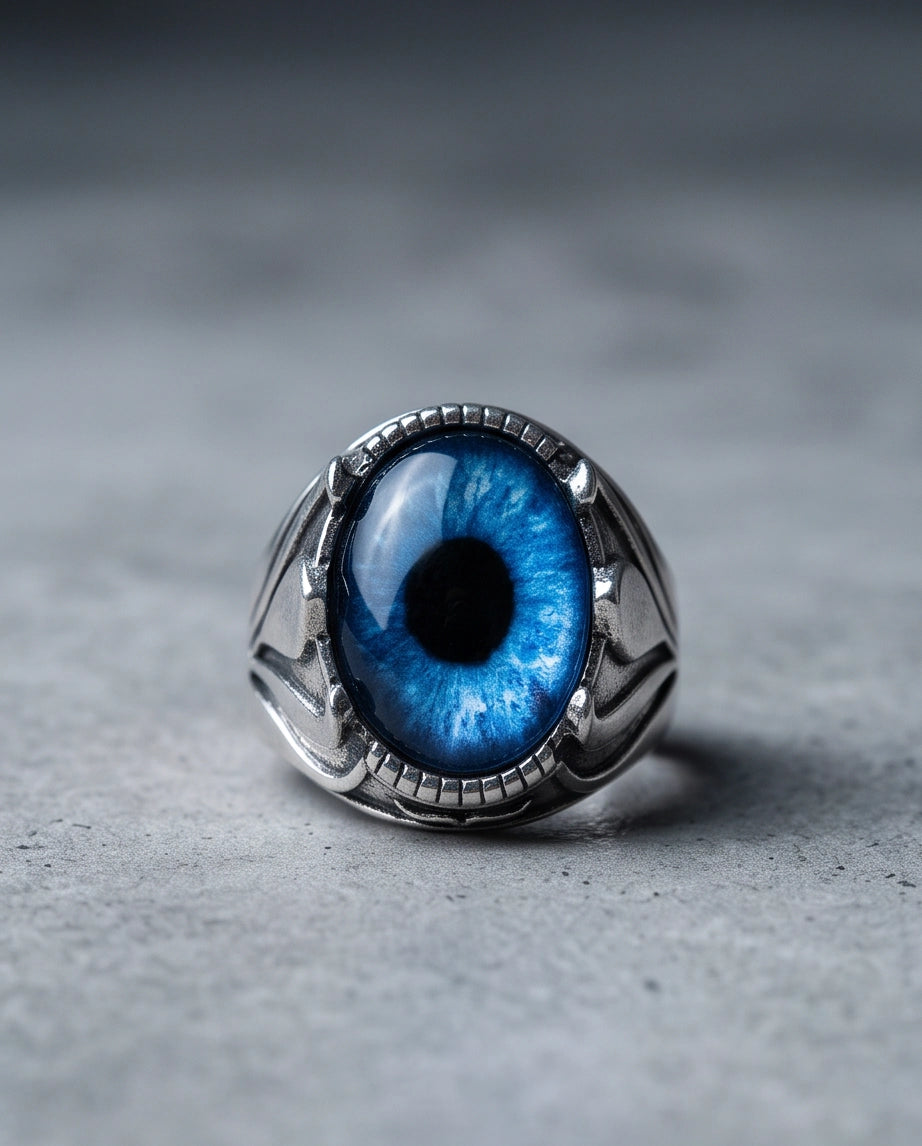 Sapphire Blue Evil Eye Cabochon Prong-Set Silver Ring