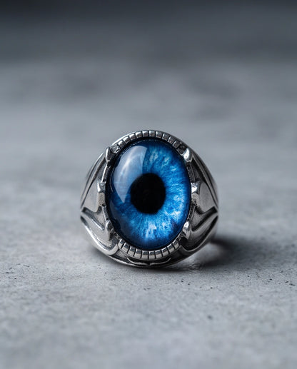Sapphire Blue Evil Eye Cabochon Prong-Set Silver Ring