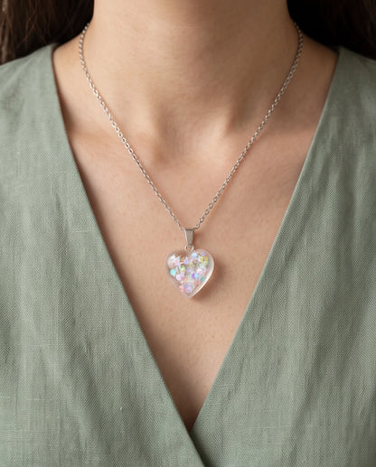 Silver Iridescent Confetti Clear Heart Resin Pendant Necklace