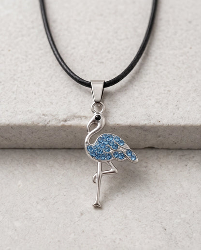 Silver Blue Crystal Paved Flamingo Pendant Necklace
