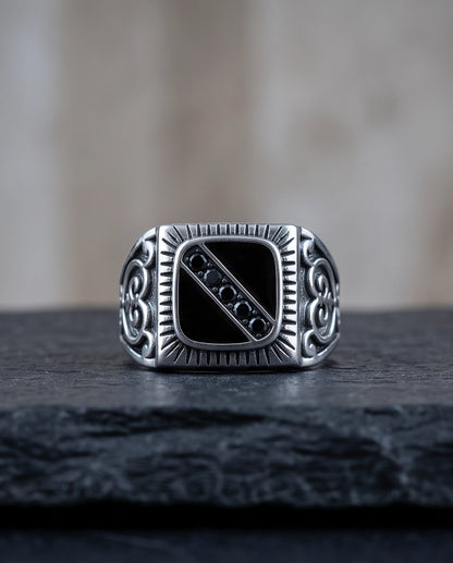 Dark-Stone Channel Inlay Filigree Scroll Silver Ring