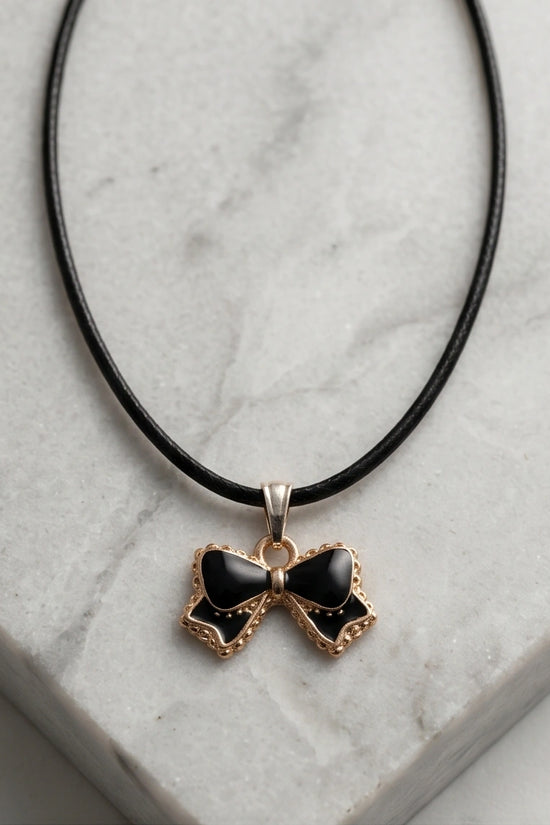 Gold and Black Ribbon Bow Necklace