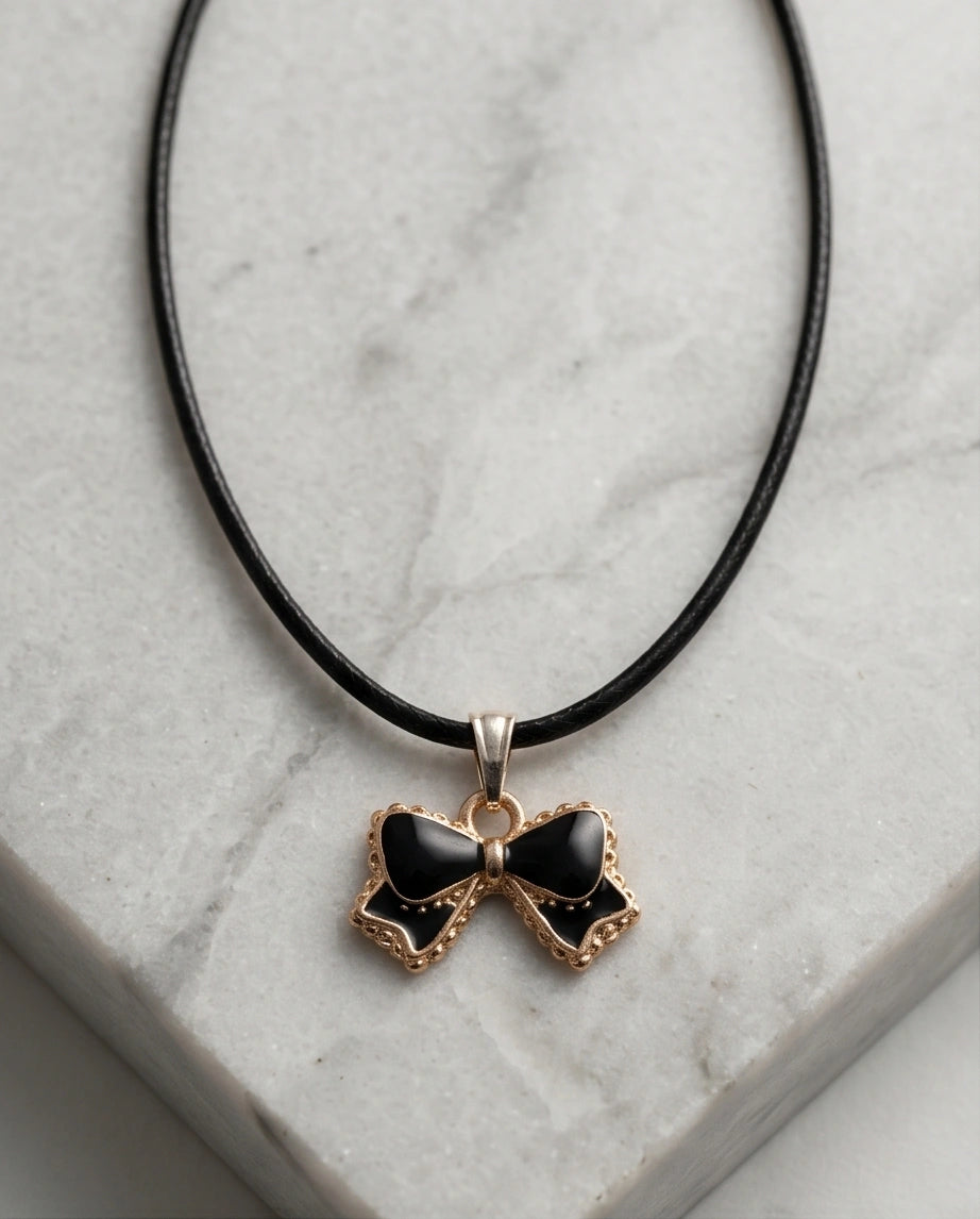 Gold and Black Ribbon Bow Necklace