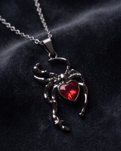Black Spider Red Heart Crystal Gem Pendant Necklace