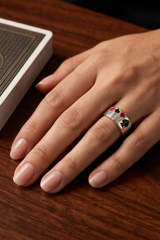 Sterling Silver Poker Card Suits Signet Ring