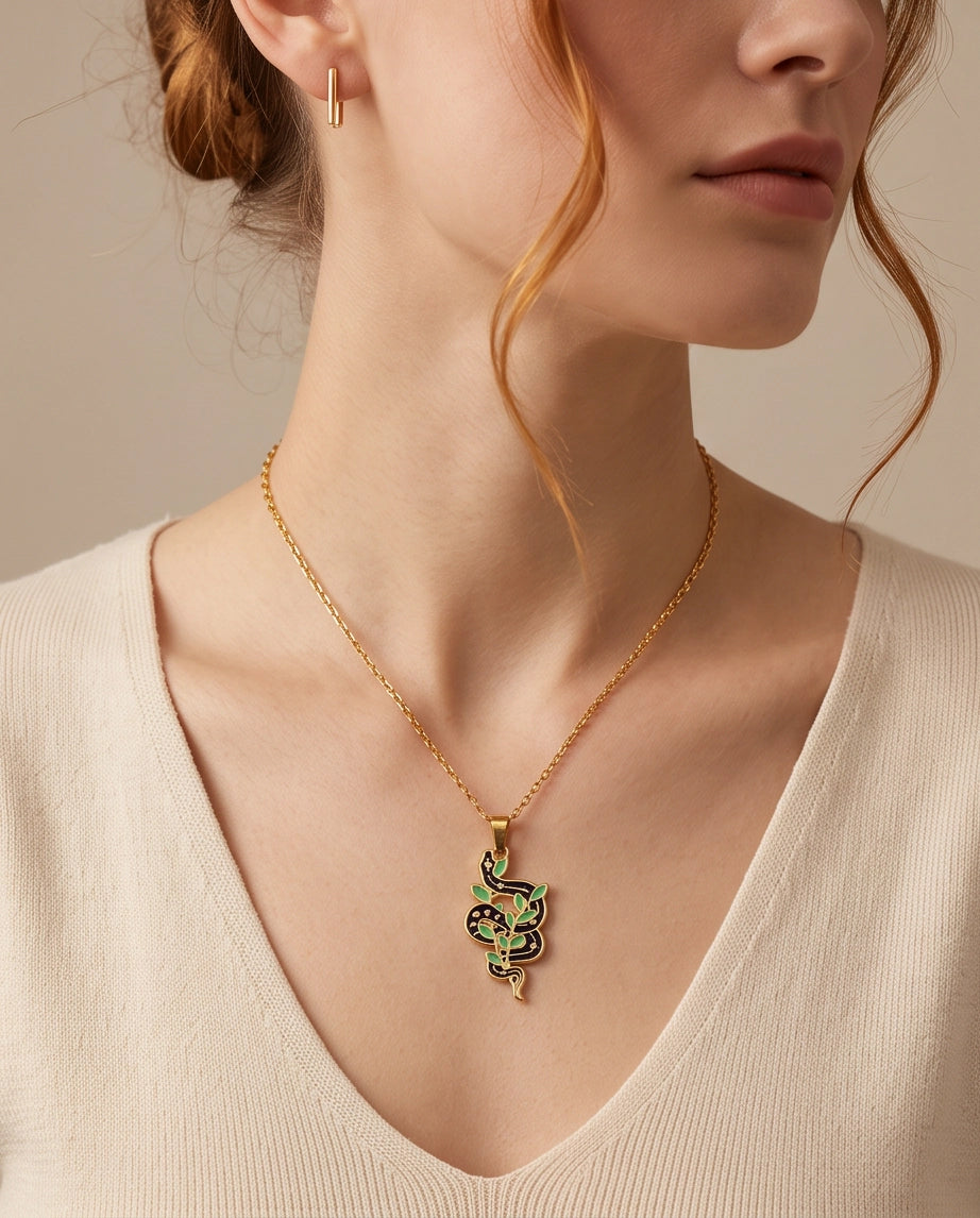 Gold Botanical Snake Enamel Pendant Necklace