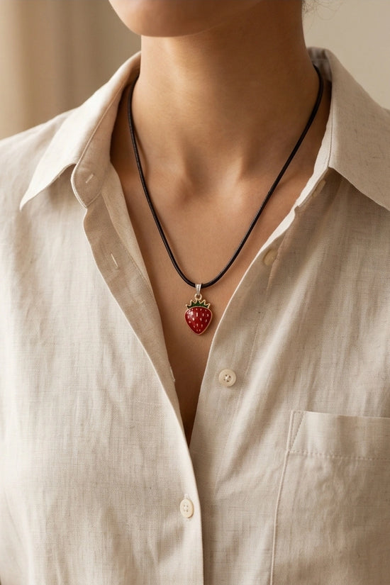 Gold and Red Strawberry Pendant Necklace