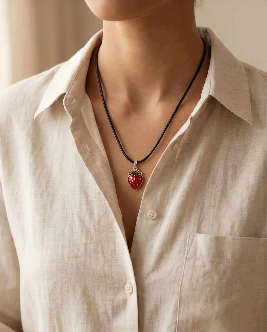 Gold and Red Strawberry Pendant Necklace