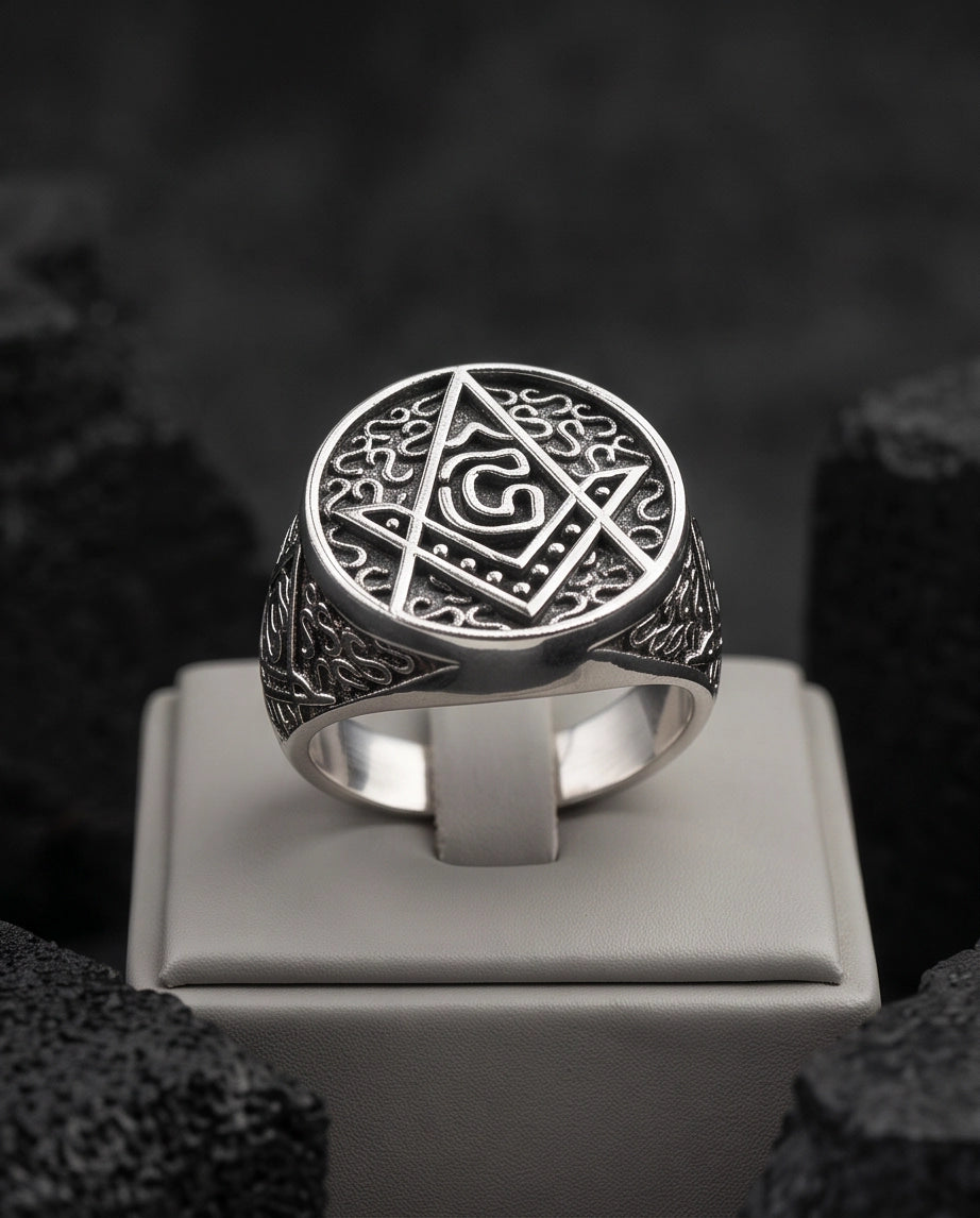 Masonic Scrollwork Oval Signet Silver Ring