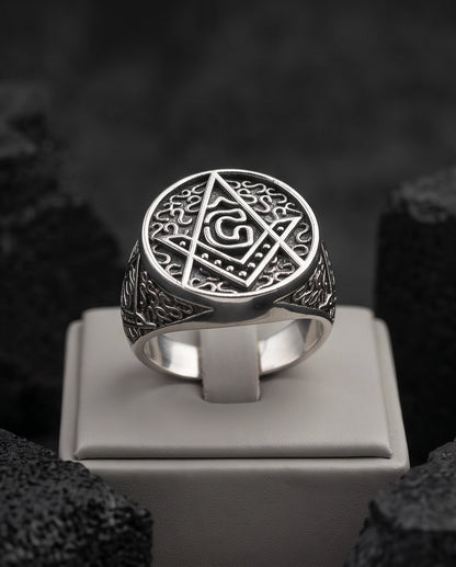 Masonic Scrollwork Oval Signet Silver Ring