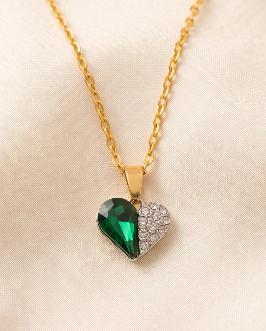 Silver Emerald Heart Pavé Pendant Necklace