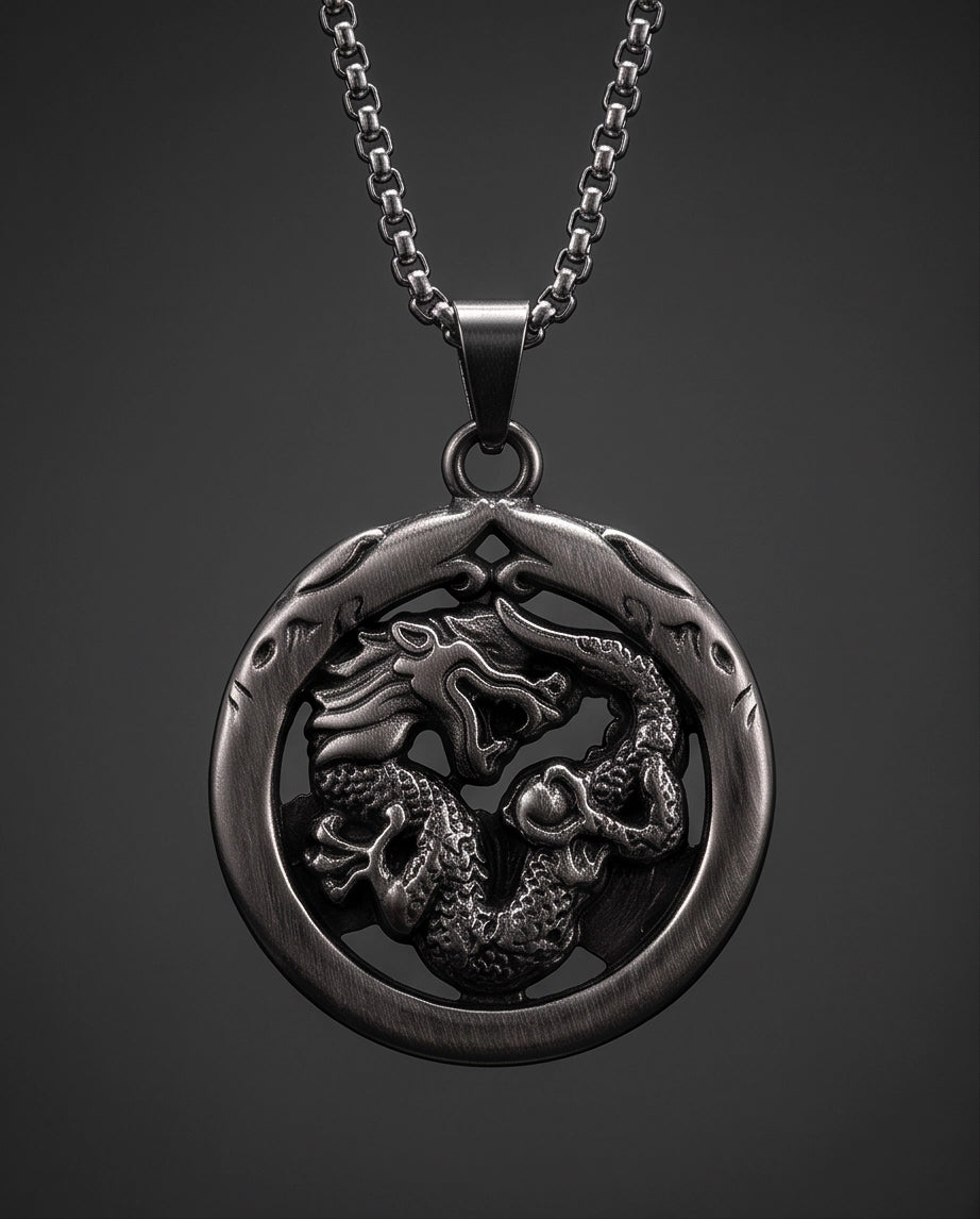 Silver Circular Dragon Medallion Pendant Necklace