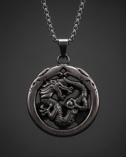 Silver Circular Dragon Medallion Pendant Necklace