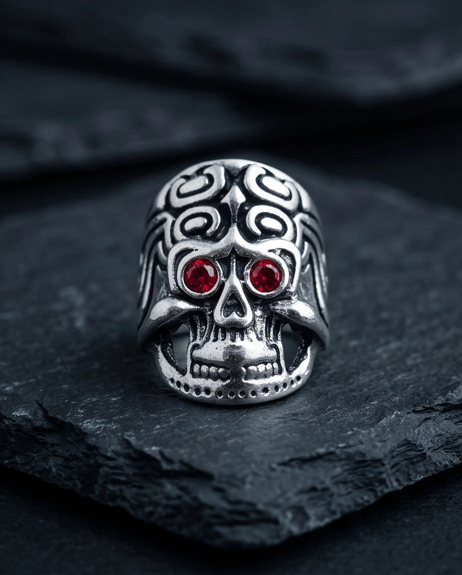 Crimson-Eyed Tribal Ornament Skull Ring