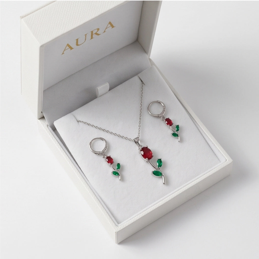 Silver Crystal Rose Necklace Set