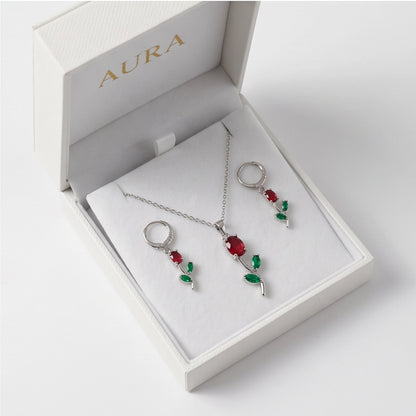 Silver Crystal Rose Necklace Set