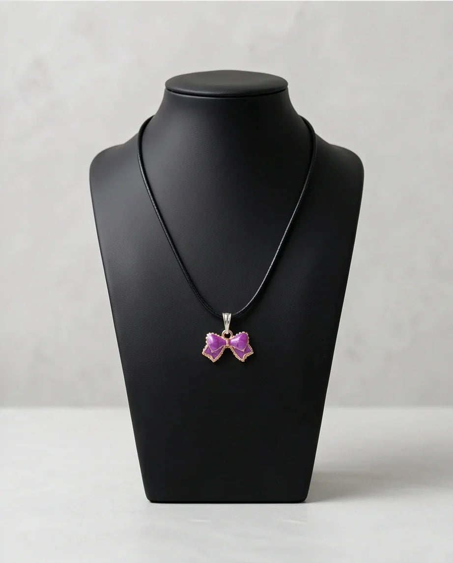 Glossy Purple Bow Enamel Pendant Necklace