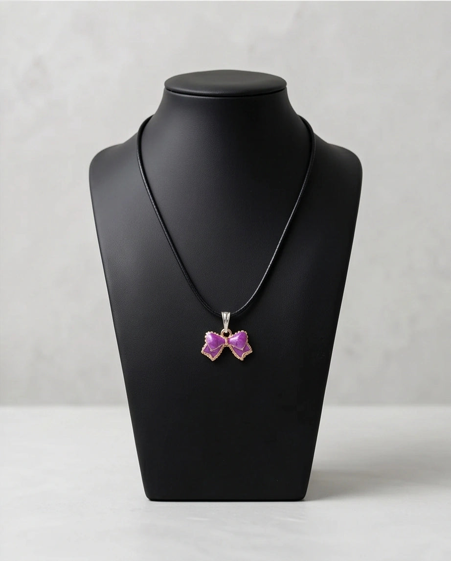 Glossy Purple Bow Enamel Pendant Necklace