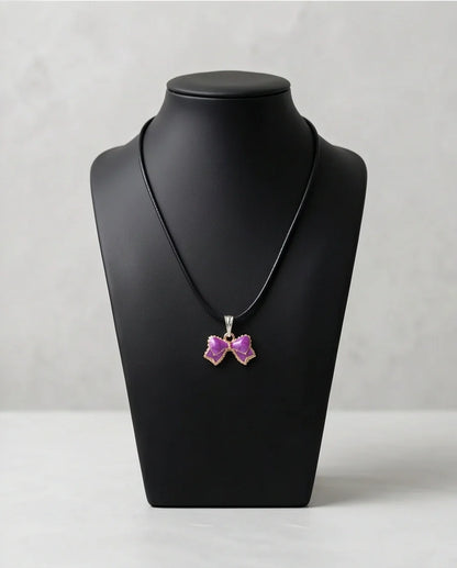 Glossy Purple Bow Enamel Pendant Necklace