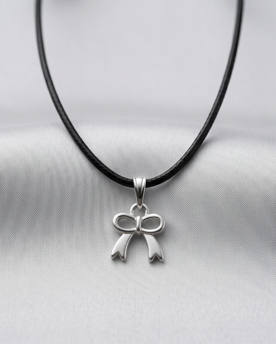 Silver Polished Ribbon Bow Necklace