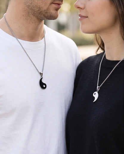 Silver Yin Yang Couple Enamel Pendant Necklace Set
