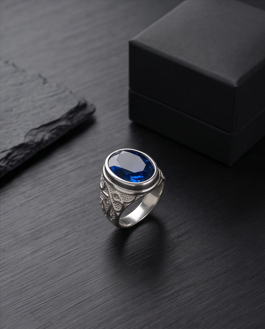 Cobalt Blue Oval-Cut Gemstone Filigree Silver Ring