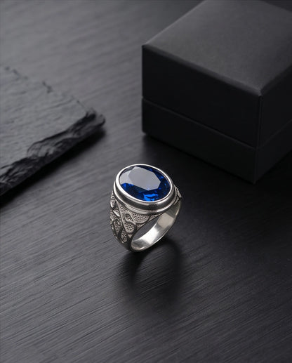 Cobalt Blue Oval-Cut Gemstone Filigree Silver Ring