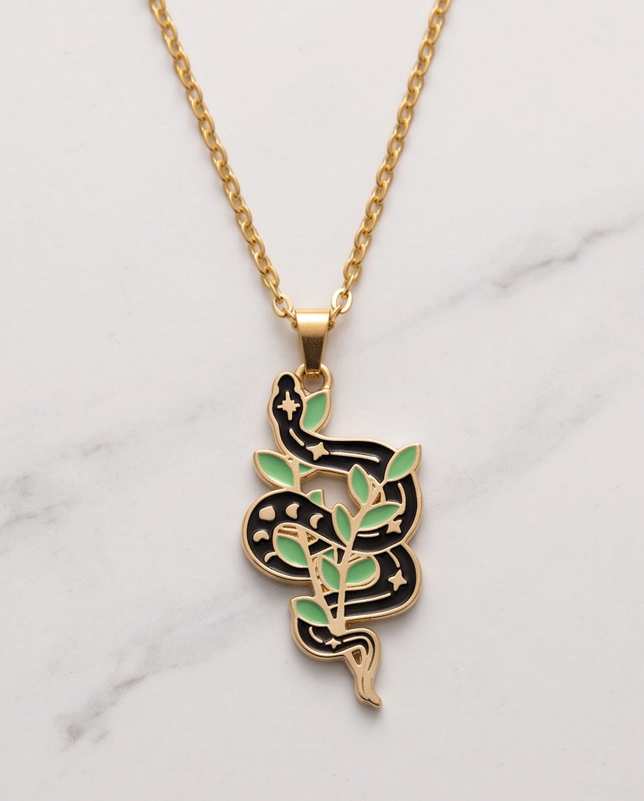 Gold Botanical Snake Enamel Pendant Necklace