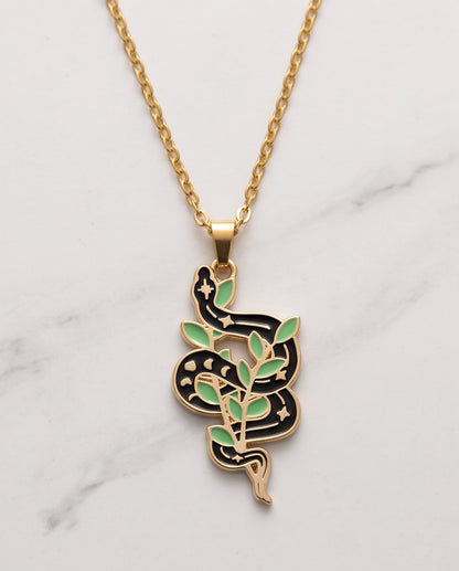 Gold Botanical Snake Enamel Pendant Necklace