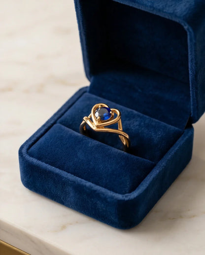 Gold Sapphire Heart-Shaped Openwork Ring