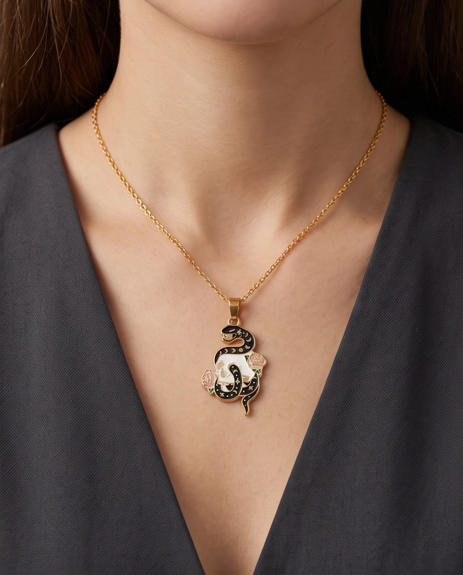 Gold Snake, Skull & Rose Enamel Pendant Necklace
