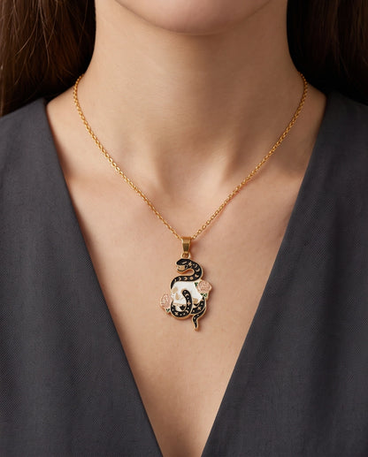 Gold Snake, Skull & Rose Enamel Pendant Necklace