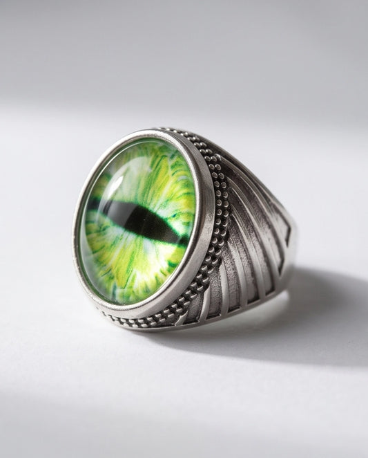 Emerald Serpent Eye Beaded Silver Ring