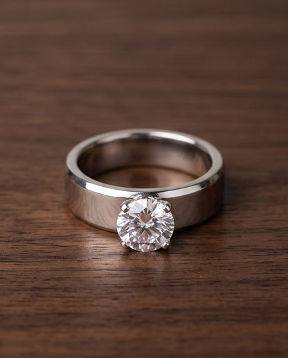 Silver Round Gemstone Crown Solitaire Ring