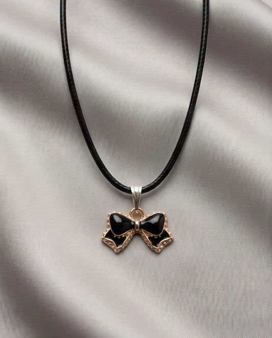 Gold and Black Ribbon Bow Necklace
