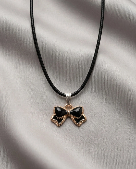 Gold and Black Ribbon Bow Necklace