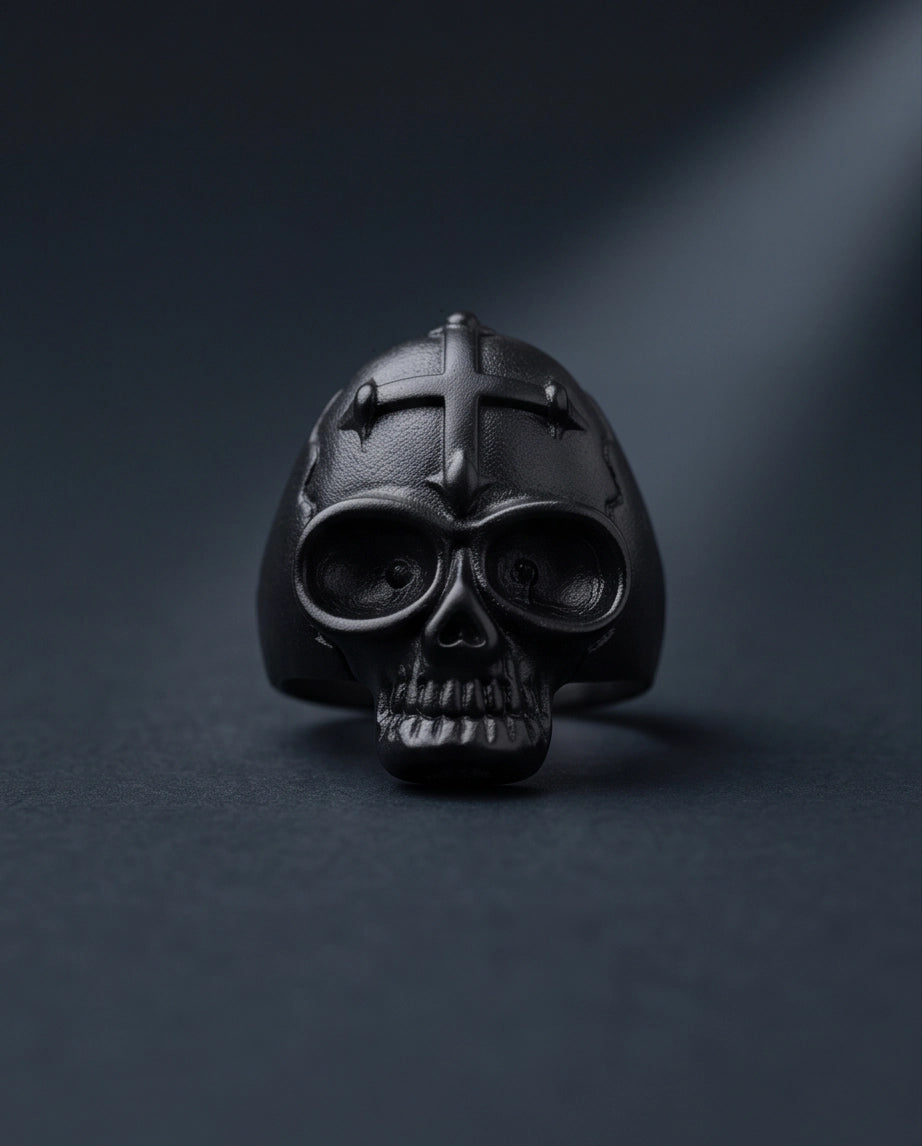 Matte Black Gothic Cross-Embossed Anatomical Skull Ring