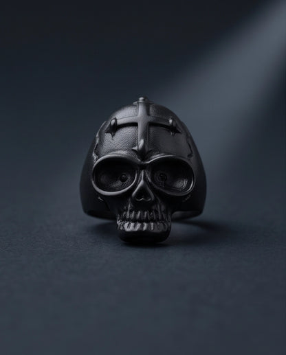 Matte Black Gothic Cross-Embossed Anatomical Skull Ring