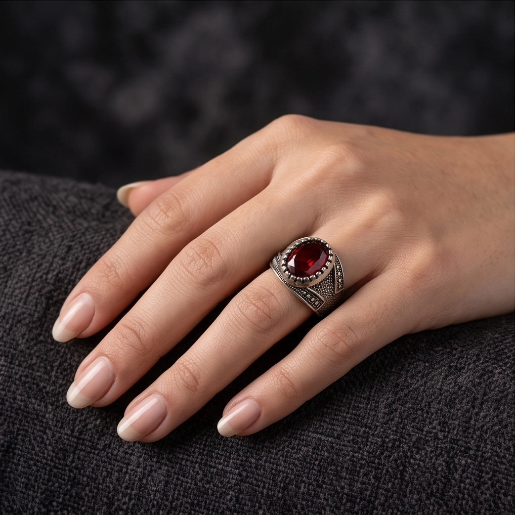 Ruby Gemstone Notched Bezel Stippled Silver Ring