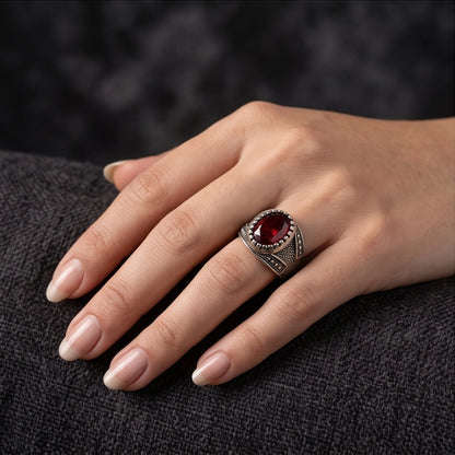 Ruby Gemstone Notched Bezel Stippled Silver Ring