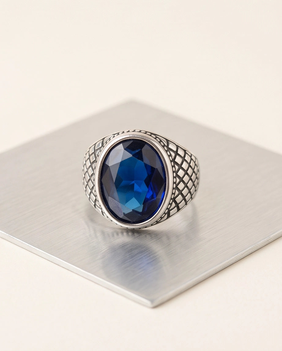 Sapphire Gemstone Beaded Frame Crosshatch Mesh Silver Ring